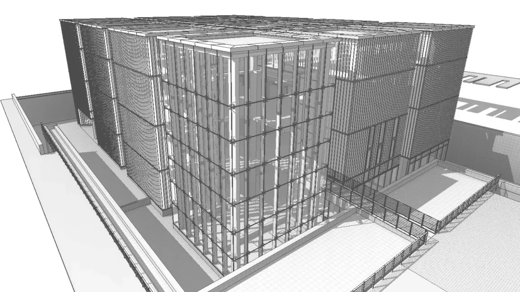 Revit BIM modeling example, 3d perspective view of commercial architecture project